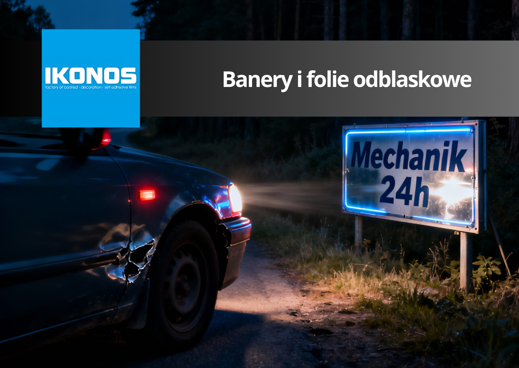 Banery i folie odblaskowe w ofercie Ikonos.pl – widoczna  reklama po zmroku